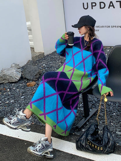 グラデーションアーガイルニットドレス