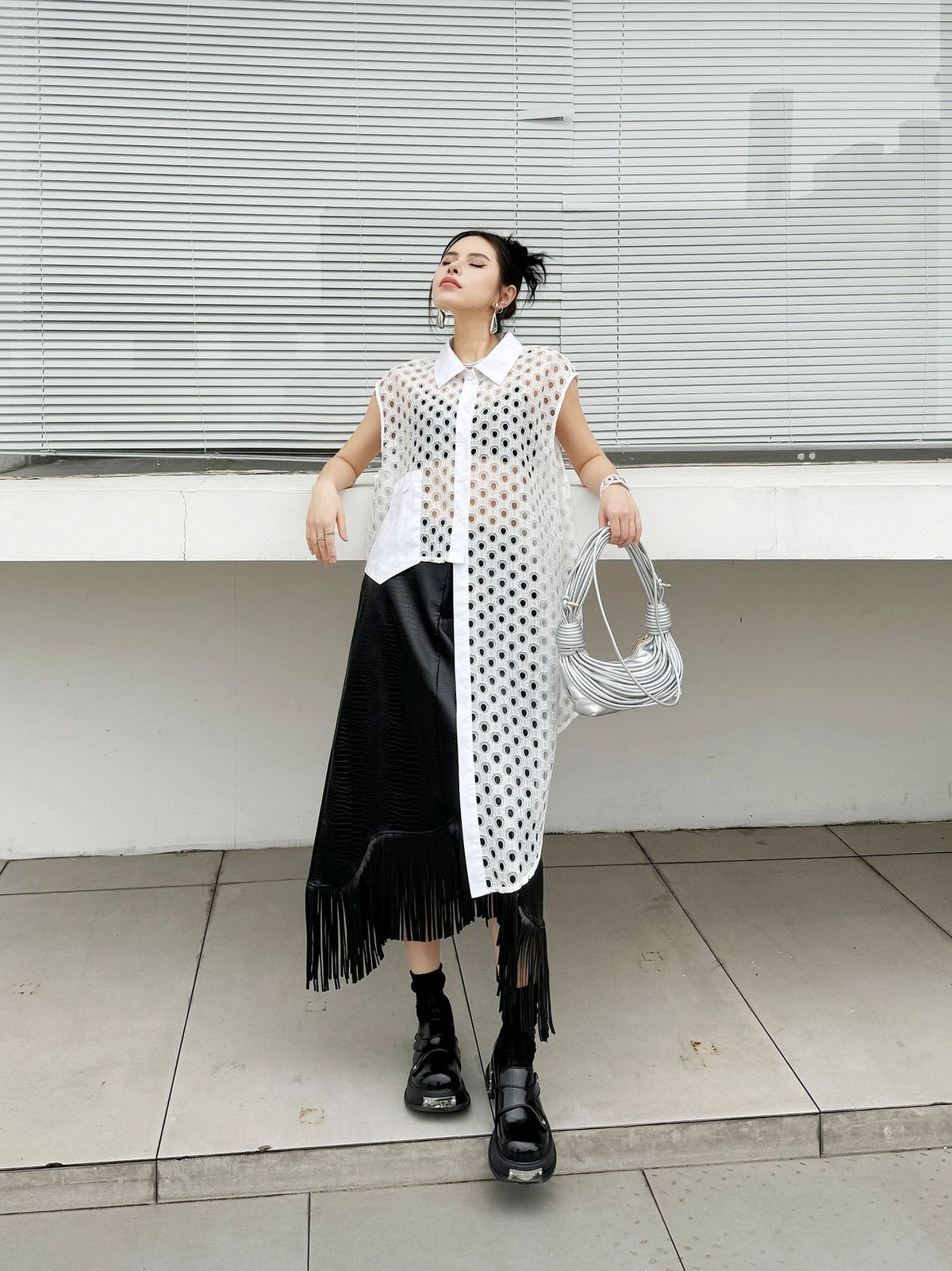 Hole Mesh Long Blouse 