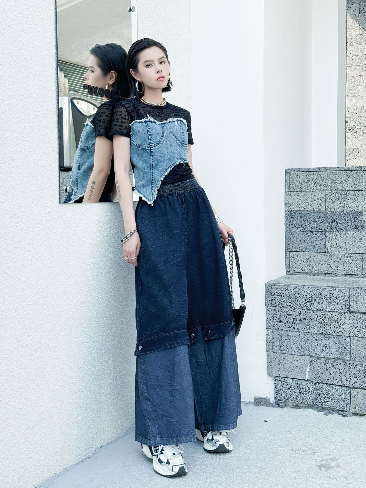Scarf tie blouse and denim pants series 