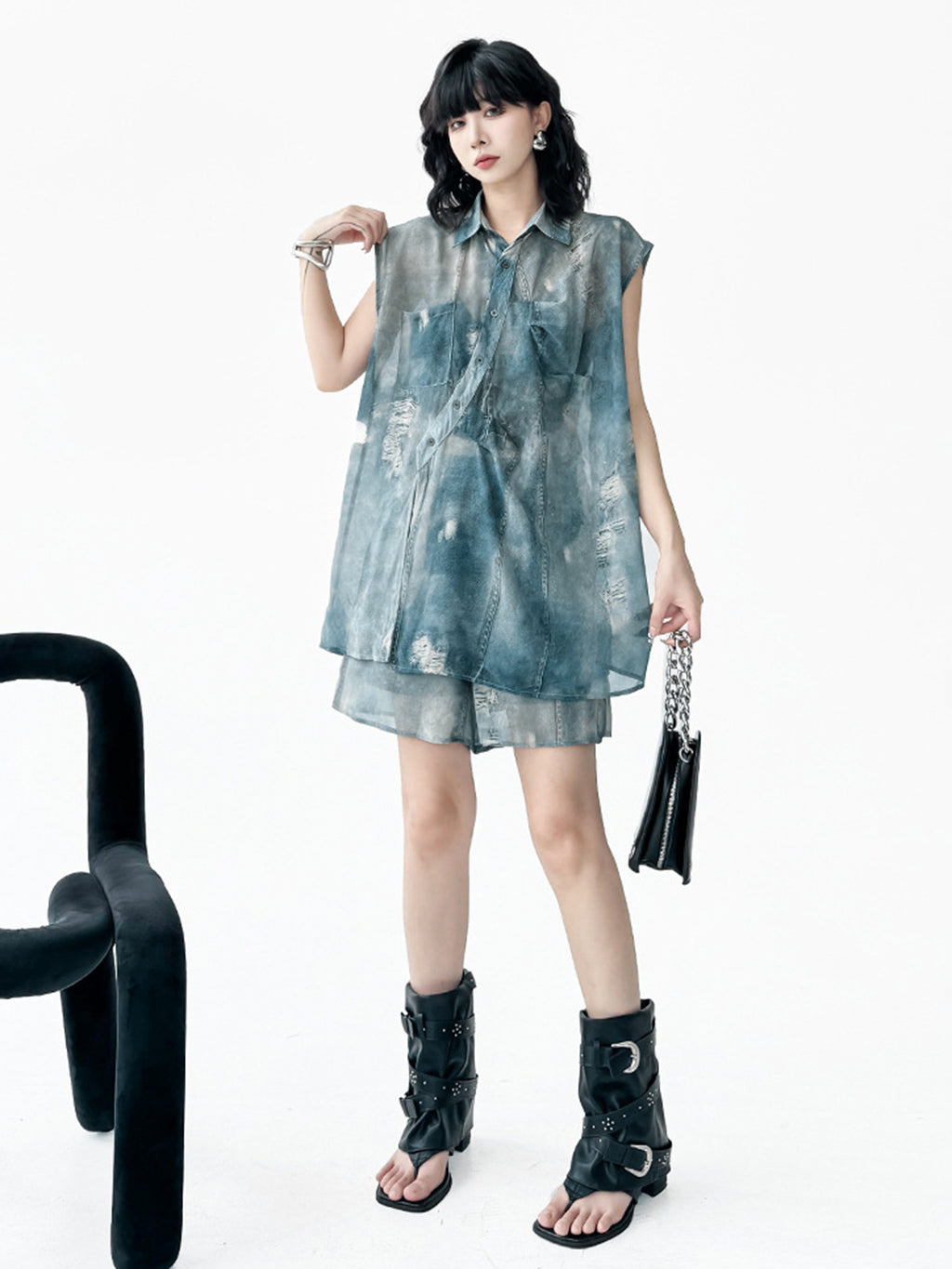 Sheer denim print blouse and shorts 