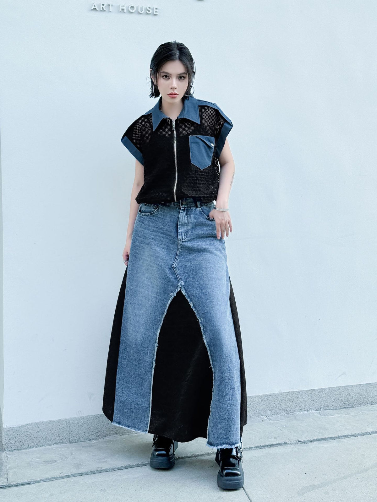 Scarf tie blouse and denim pants series 