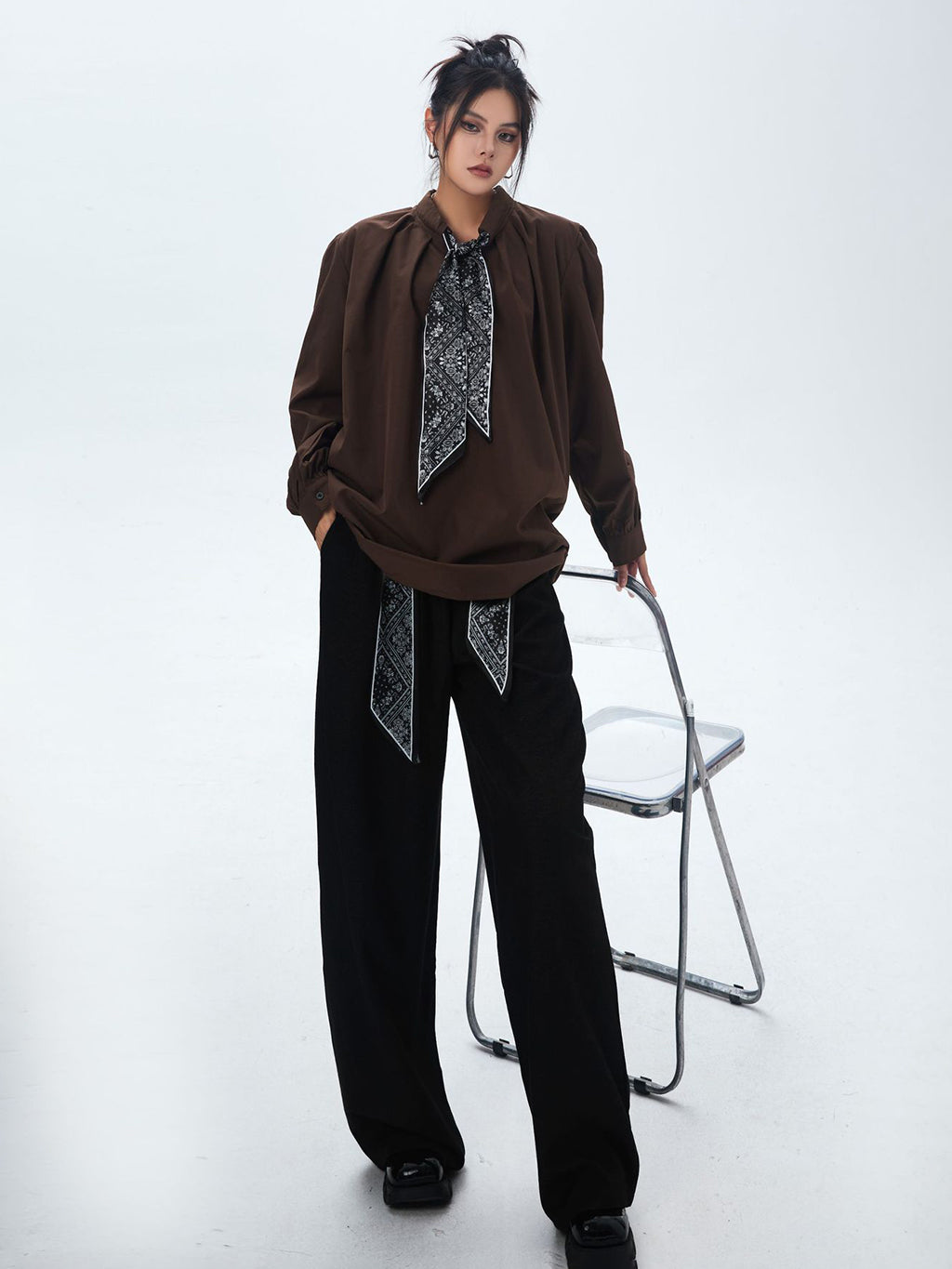 Scarf tie blouse and denim pants series 