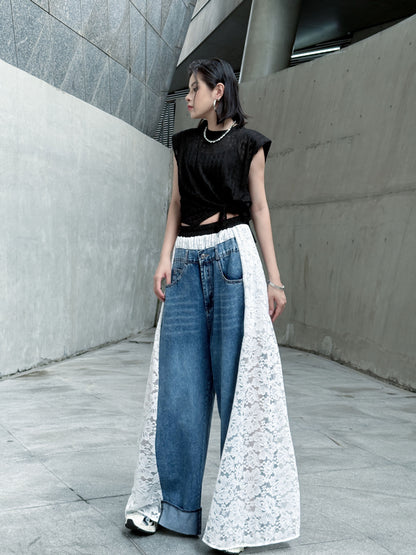 Lace-docking denim pants 