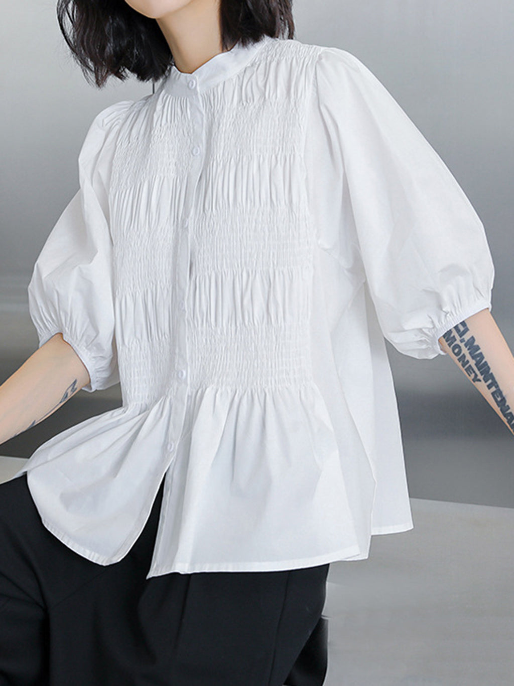 Shirred volume sleeve blouse 
