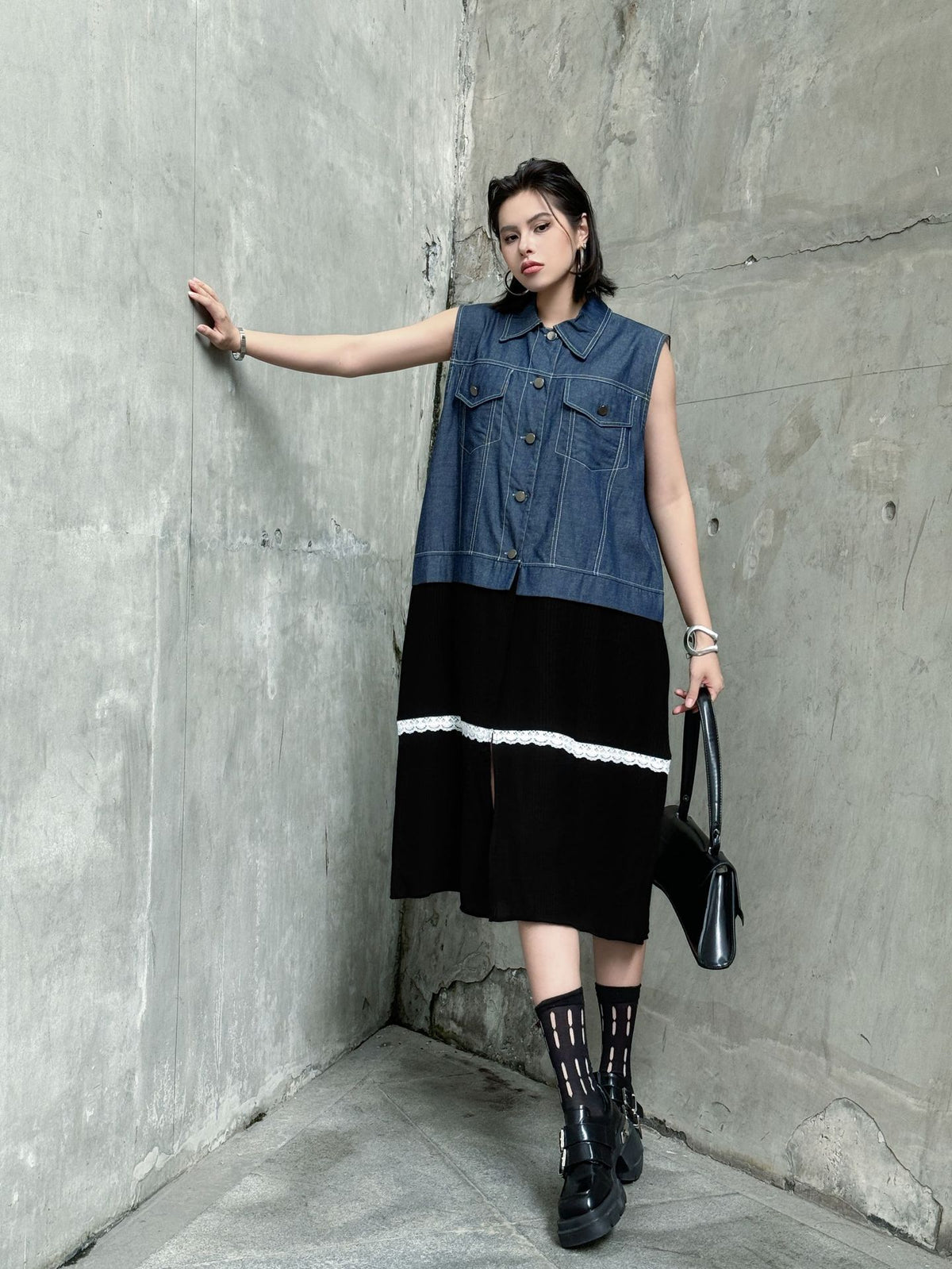 Scarf tie blouse and denim pants series 