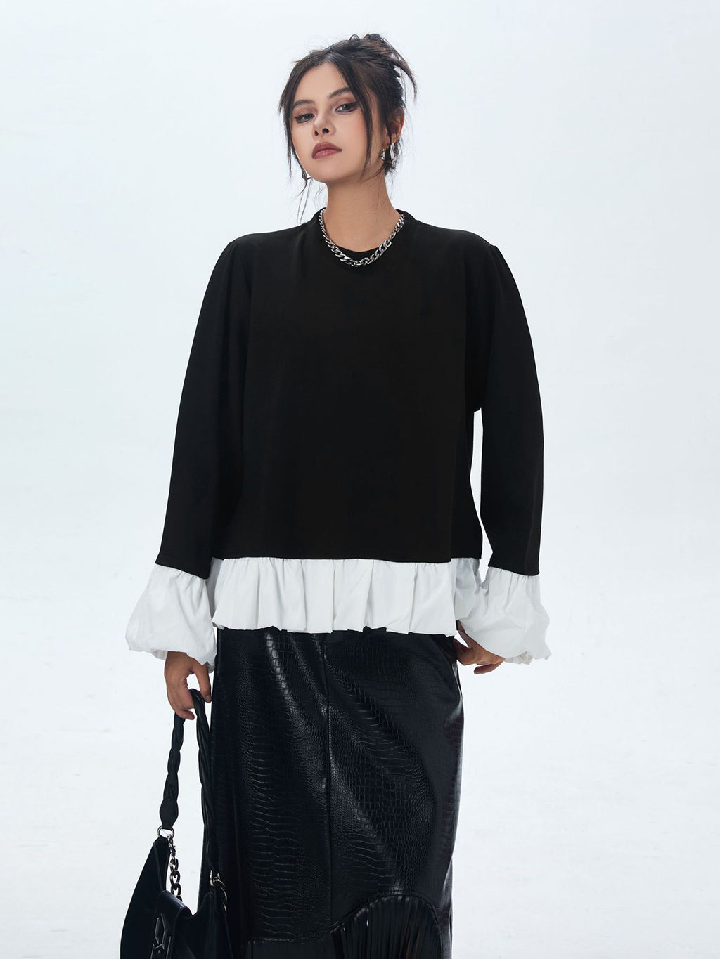 Frilled hem and cuff two-tone top 