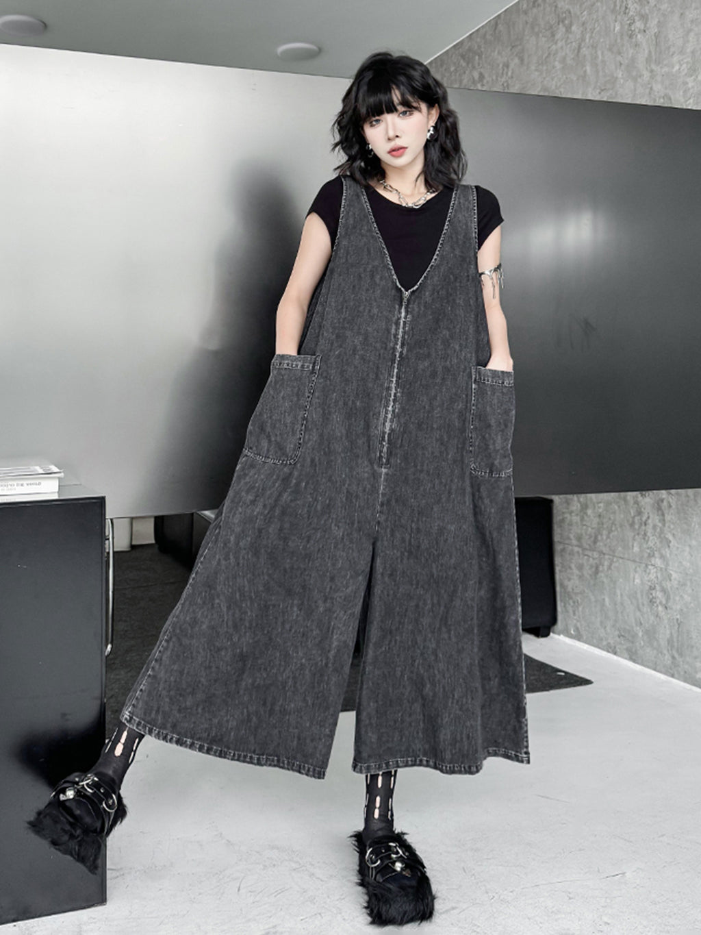 Sleeveless wide denim jumpsuit 