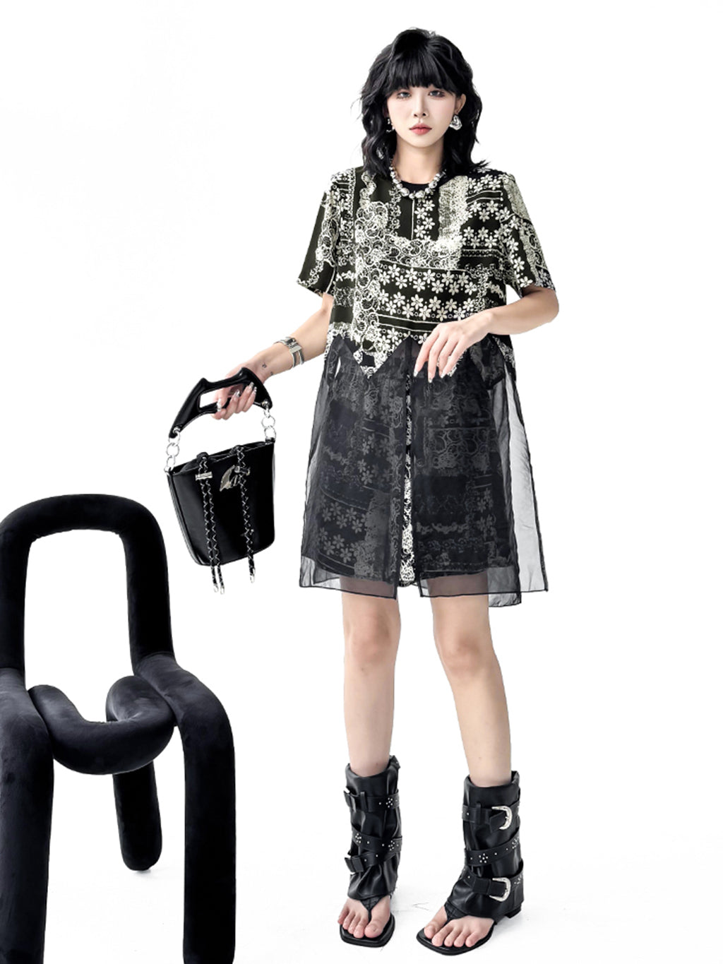 Black lace sheer top and shorts 