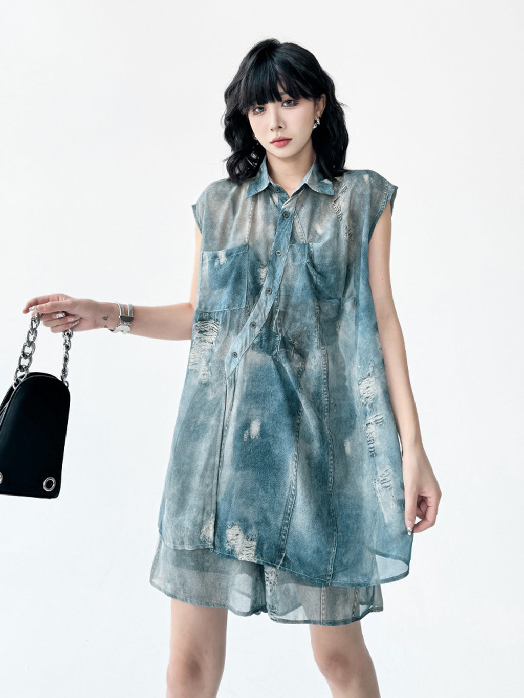 Sheer denim print blouse and shorts 