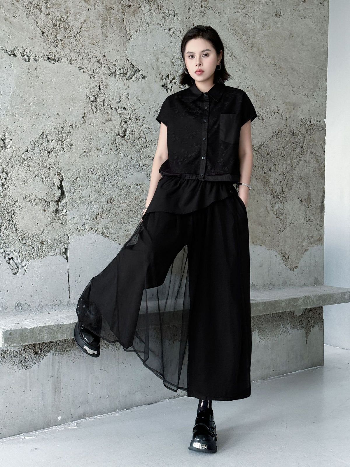 Tulle layered wide pants 