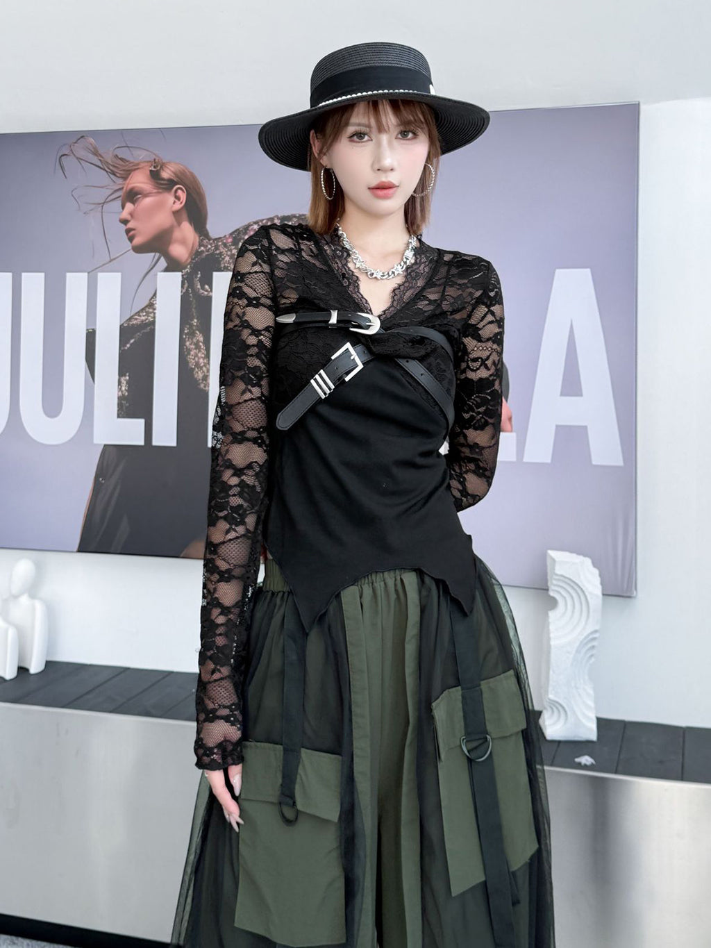 Belt Drape Lace Top 