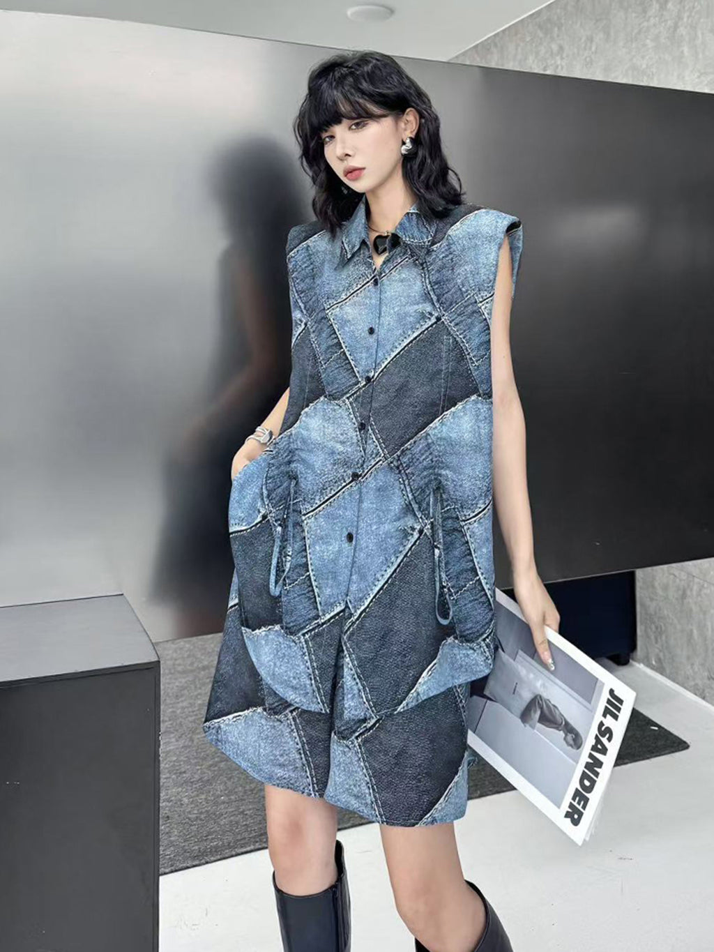 Patchwork sleeveless blouse and shorts 