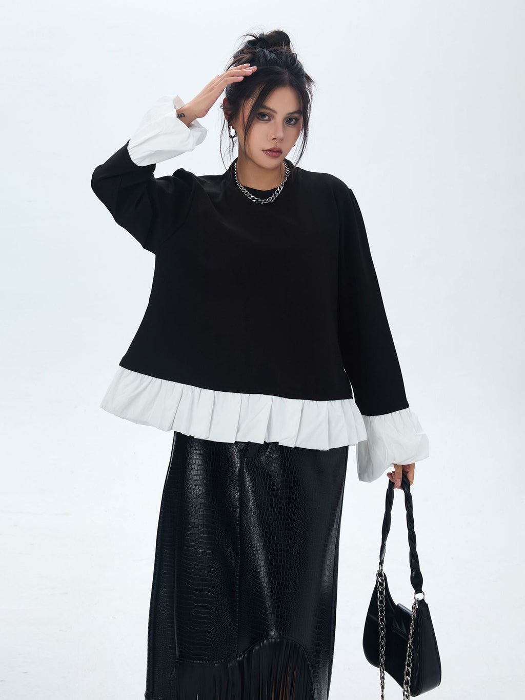 Frilled hem and cuff two-tone top 