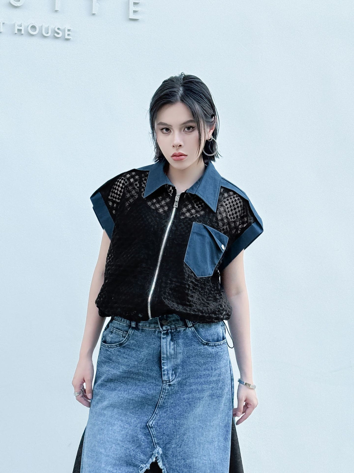 Scarf tie blouse and denim pants series 