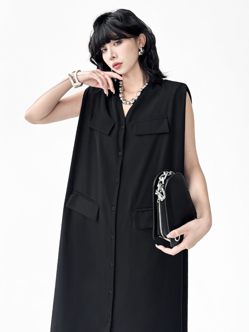 Pocket Detail Long Gilet Dress 