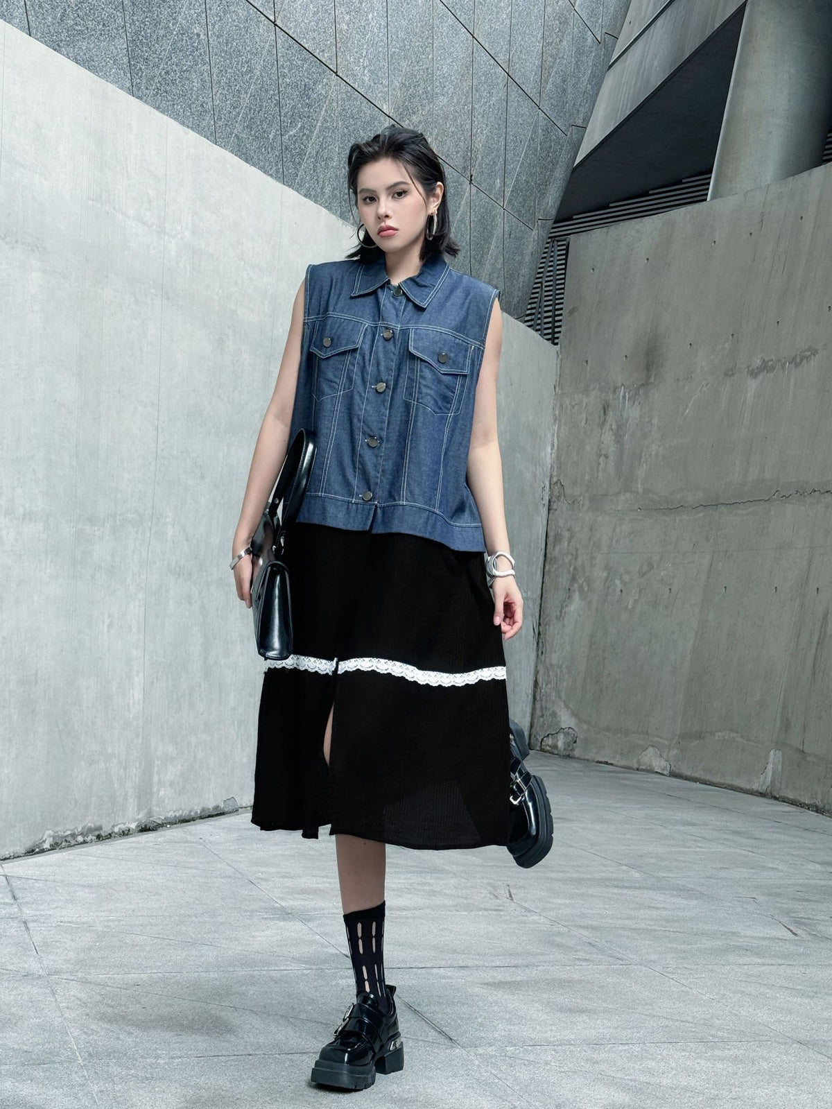 Scarf tie blouse and denim pants series 