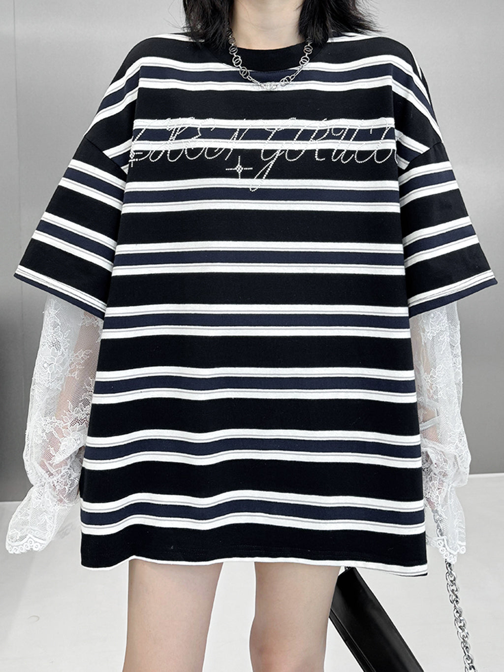 Striped lace sleeve top 