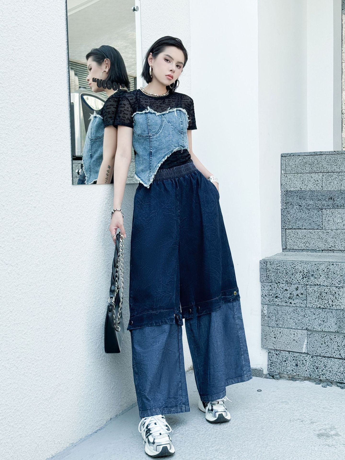 Scarf tie blouse and denim pants series 