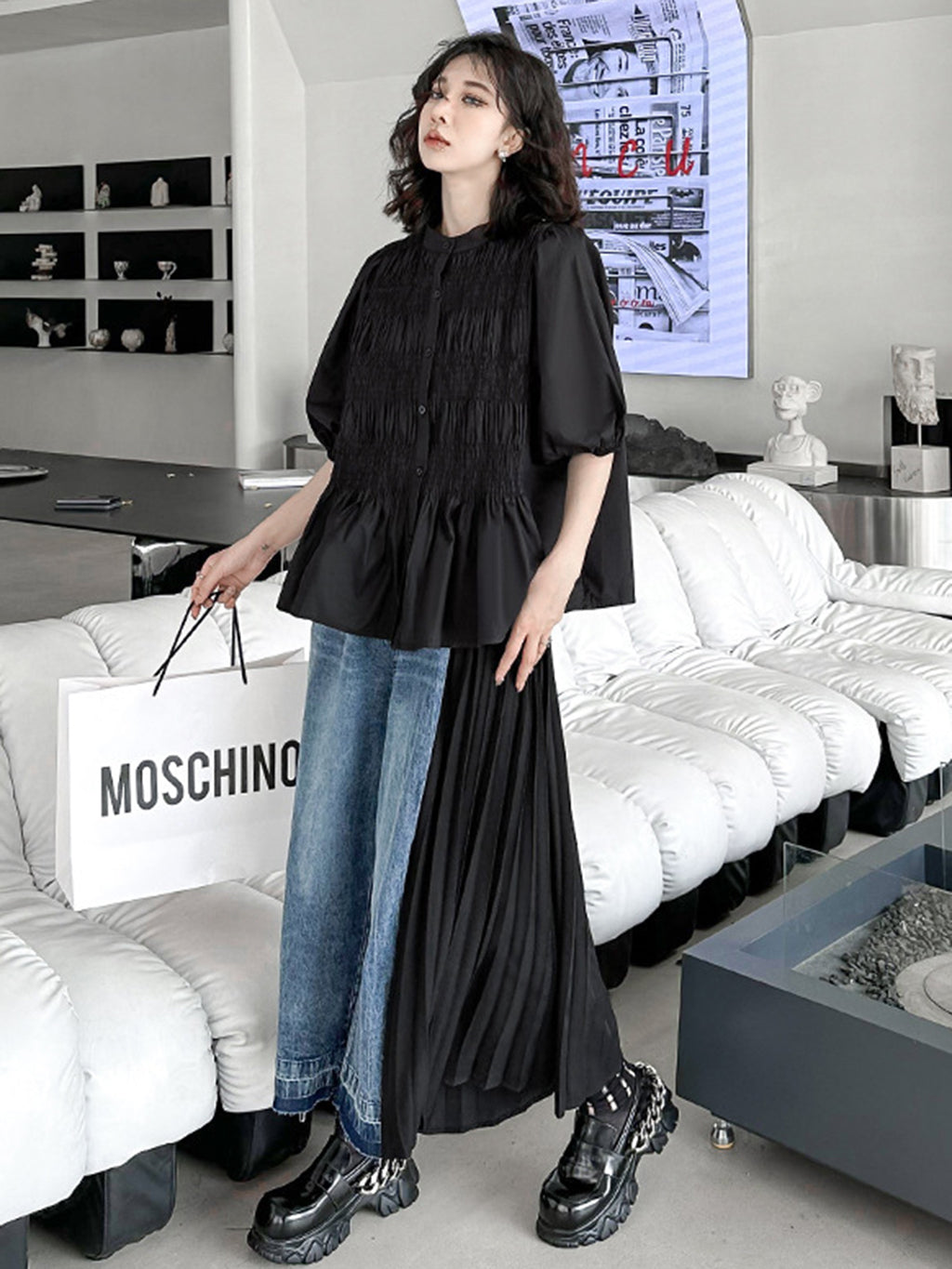 Shirred volume sleeve blouse 