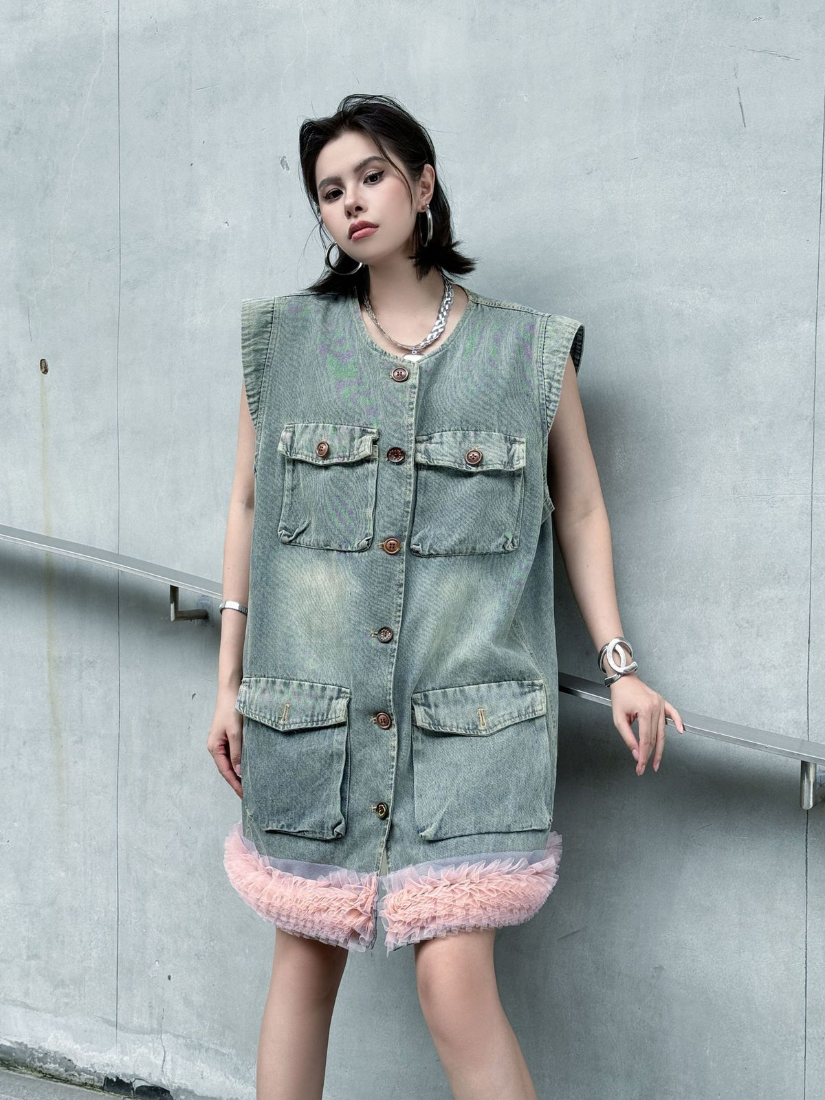 Scarf tie blouse and denim pants series 