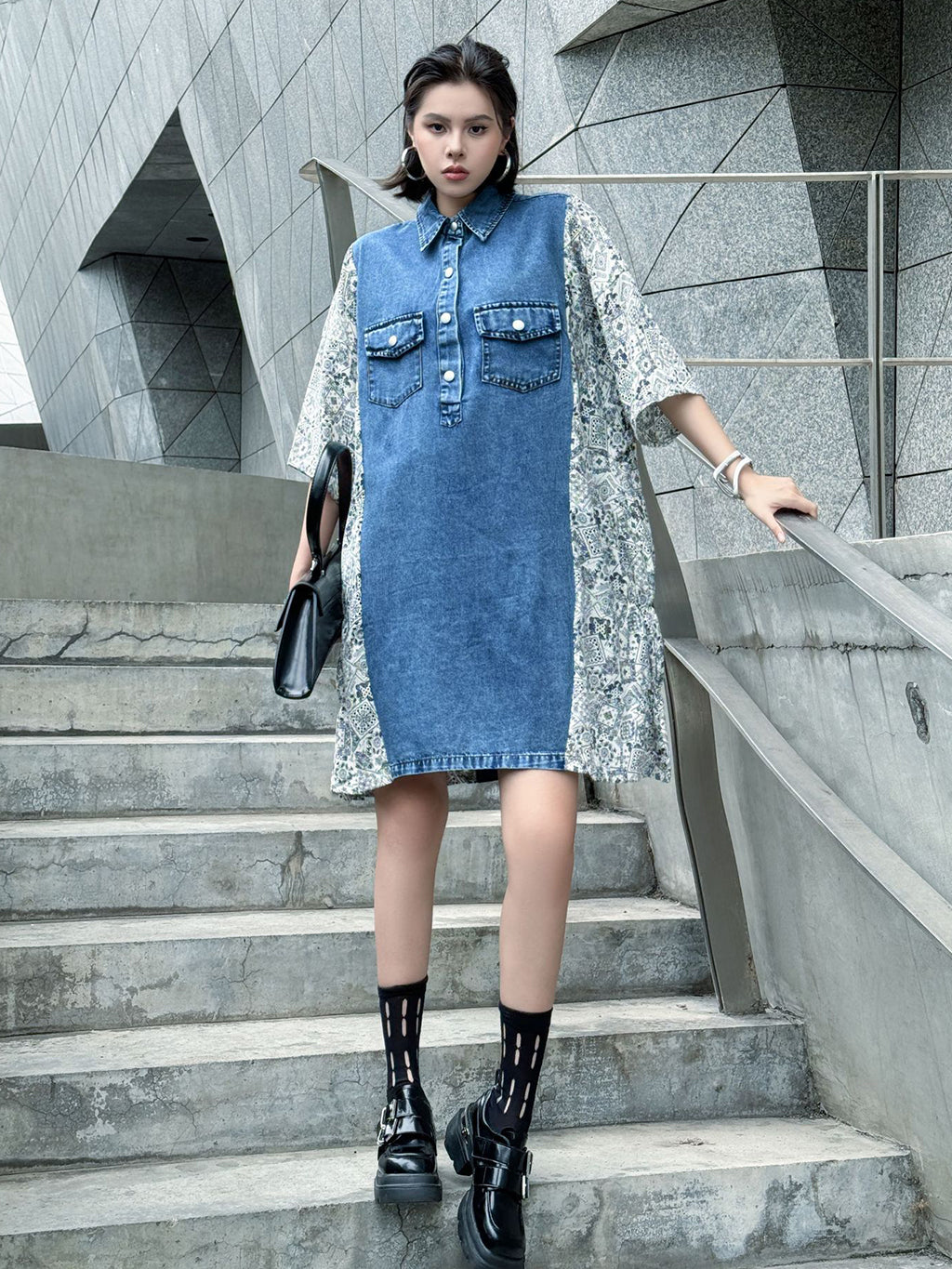 Denim Switch Pattern Dress 