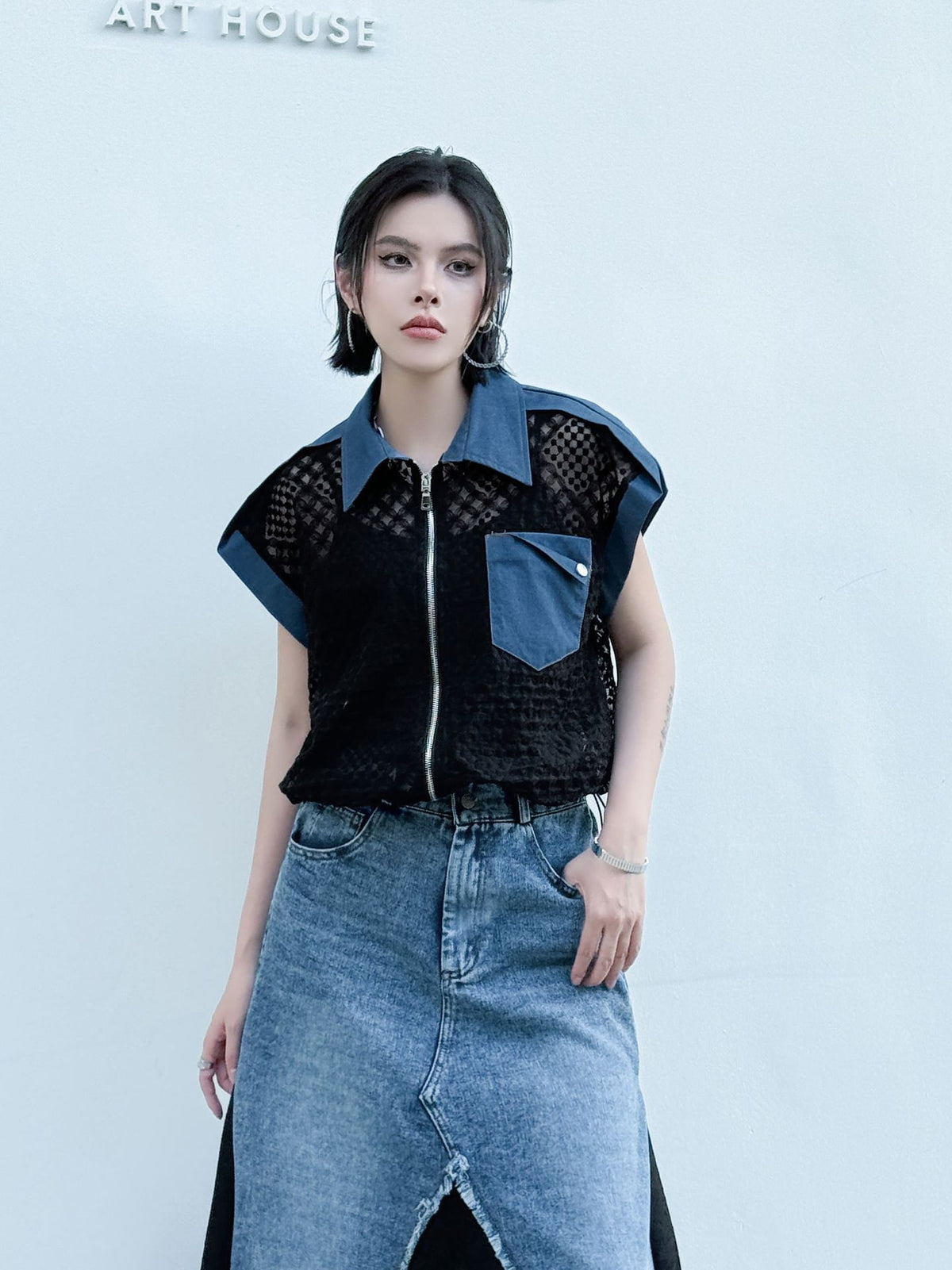 Scarf tie blouse and denim pants series 
