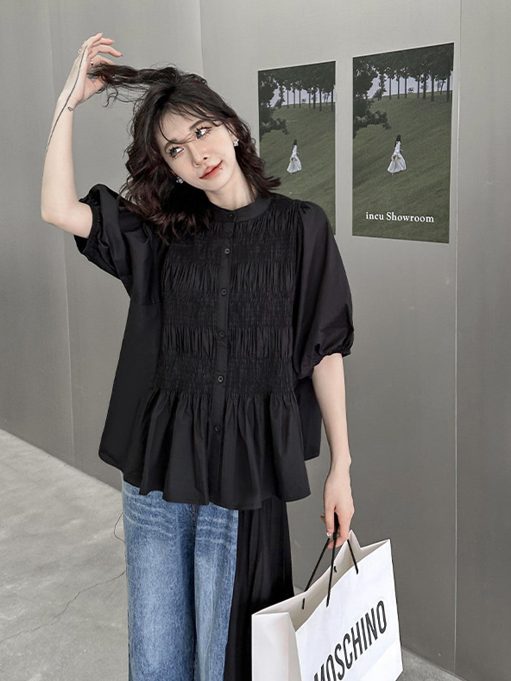 Shirred volume sleeve blouse 