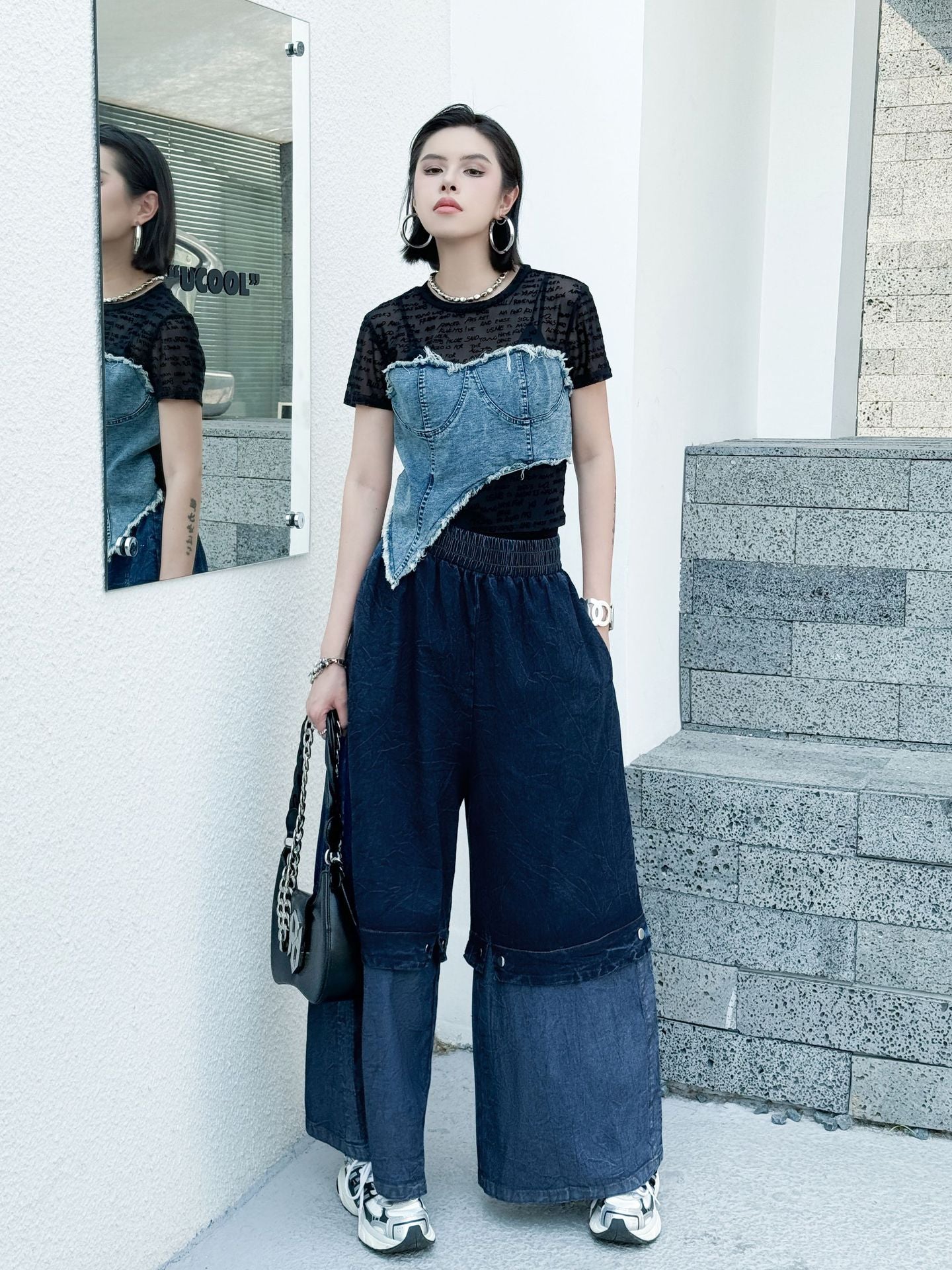 Scarf tie blouse and denim pants series 