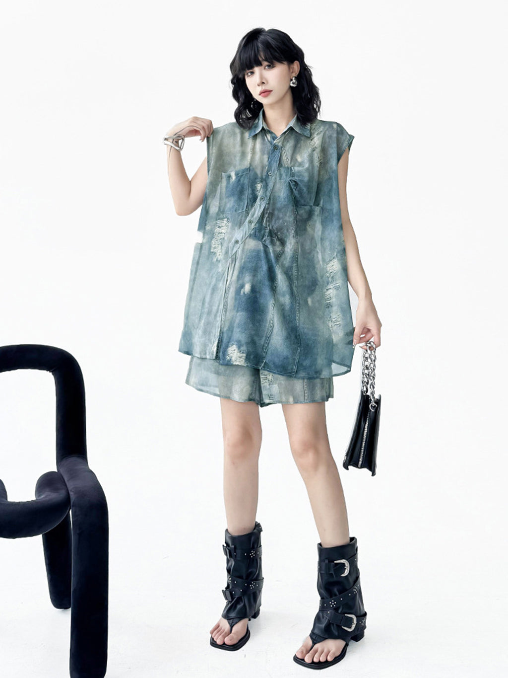 Sheer denim print blouse and shorts 