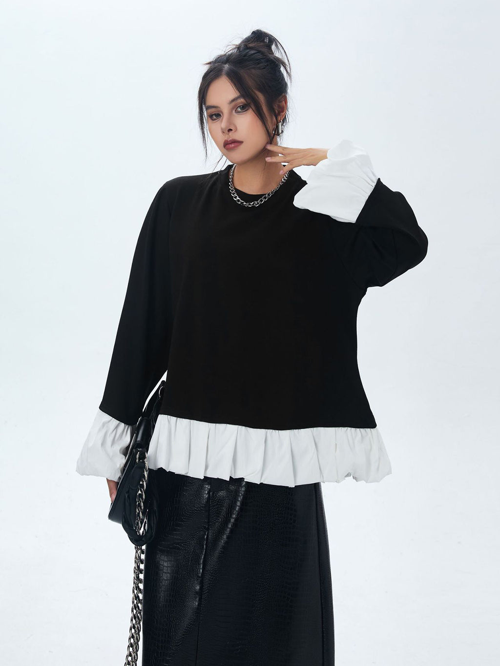 Frilled hem and cuff two-tone top 