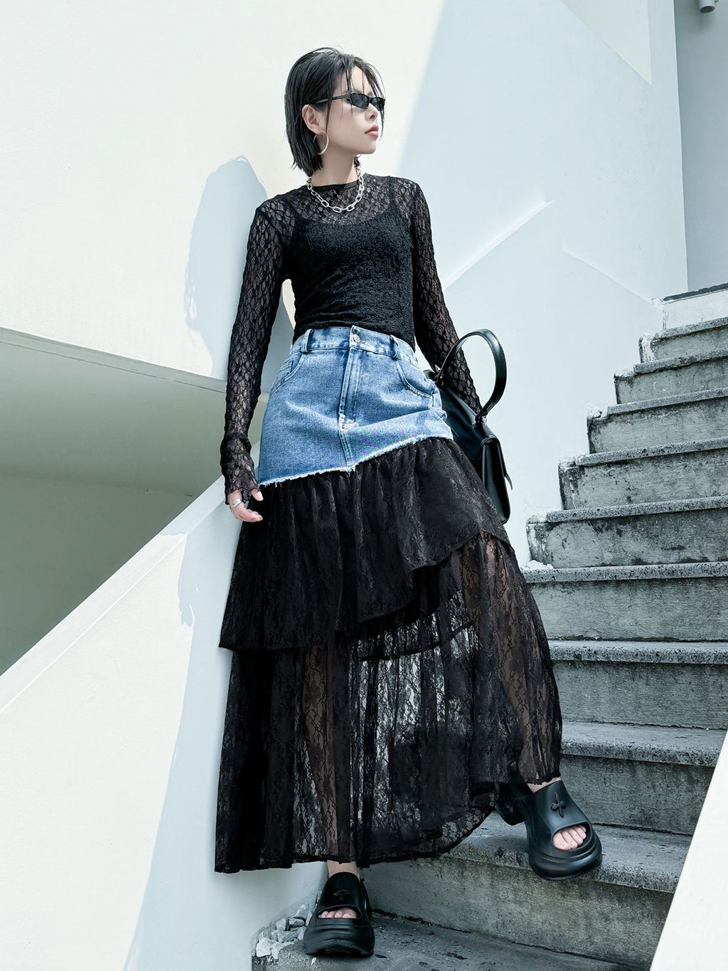 Denim and lace combination skirt 