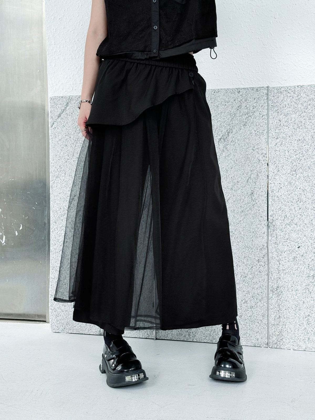 Tulle layered wide pants 