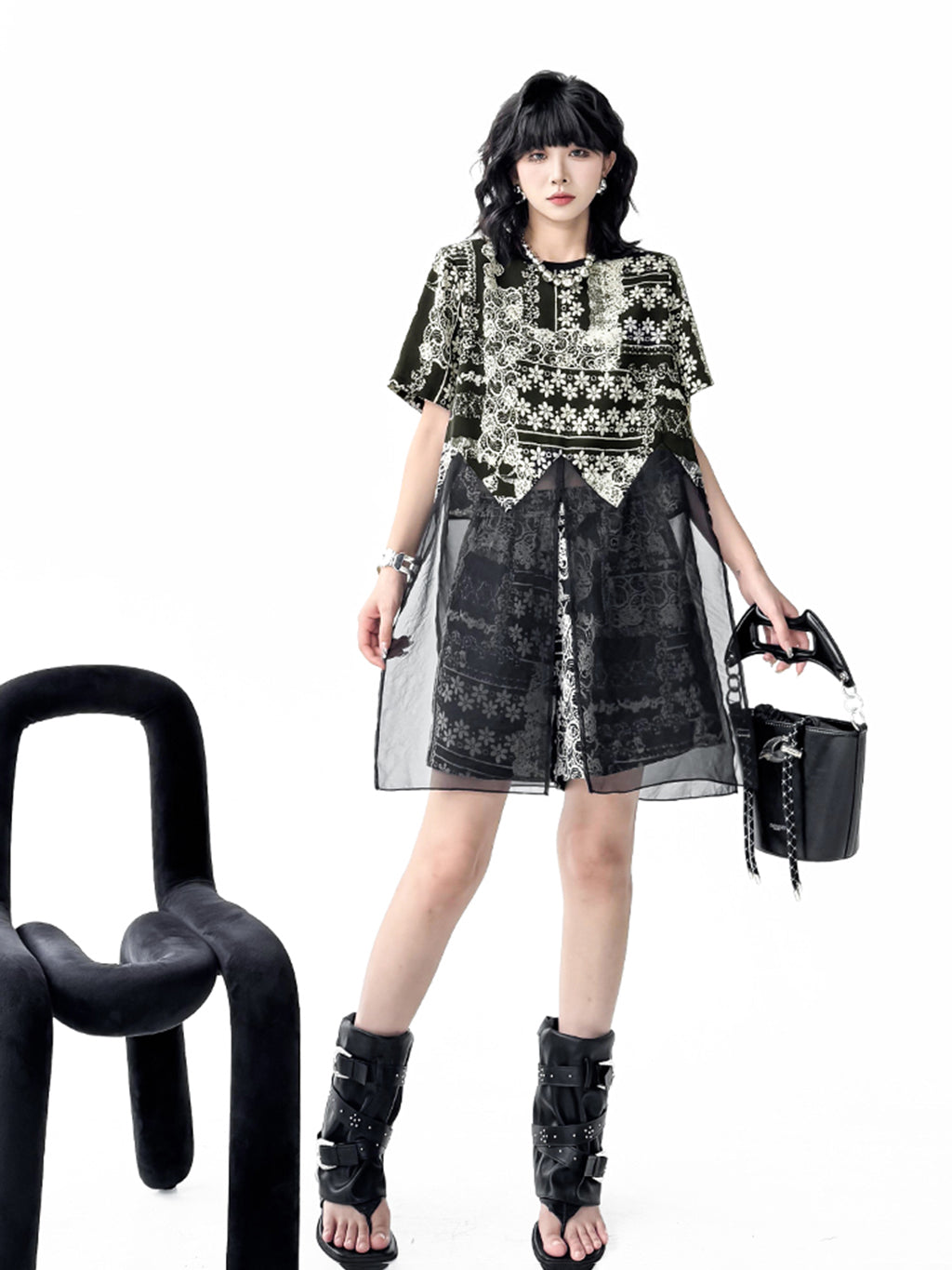 Black lace sheer top and shorts 