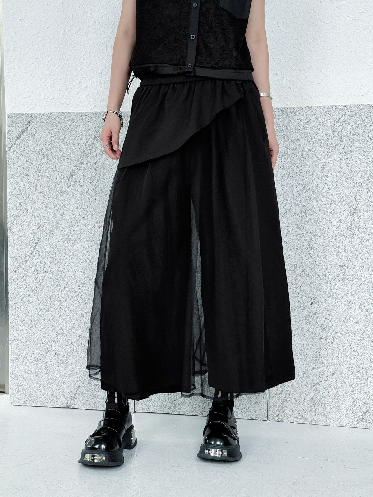 Tulle layered wide pants 