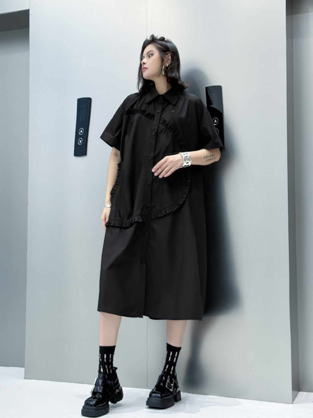 Round ruffle shirt dress 