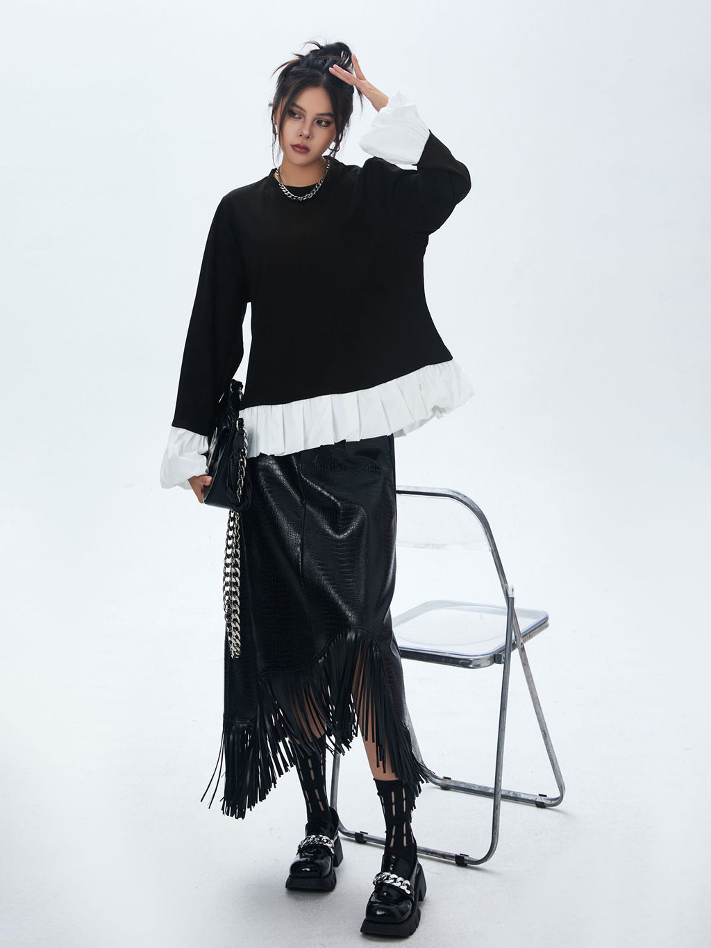 Frilled hem and cuff two-tone top 
