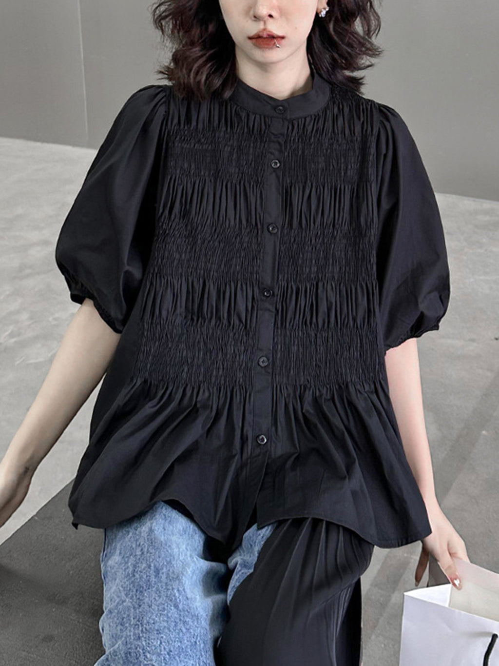 Shirred volume sleeve blouse 