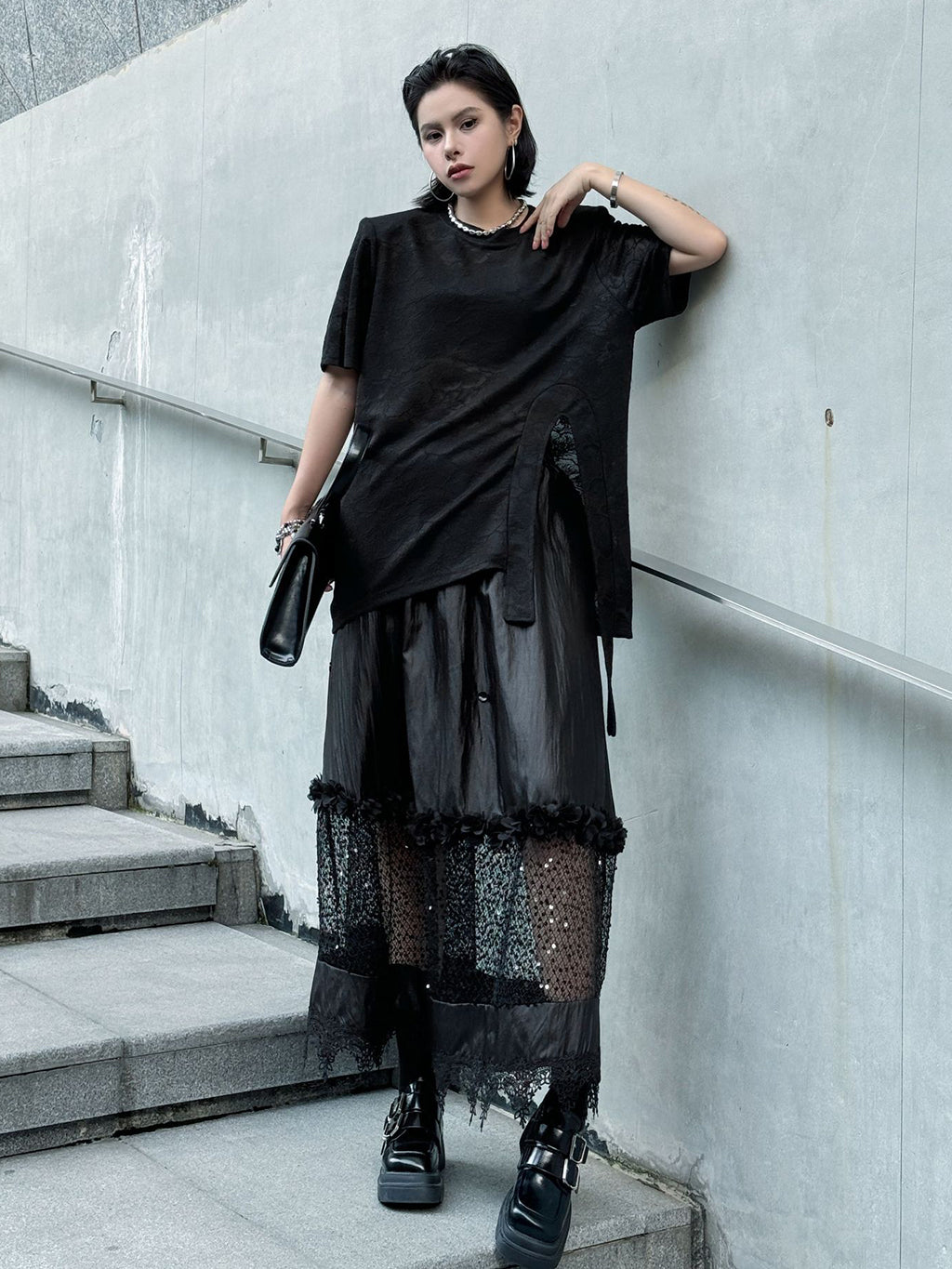 Floral lace side drape top 