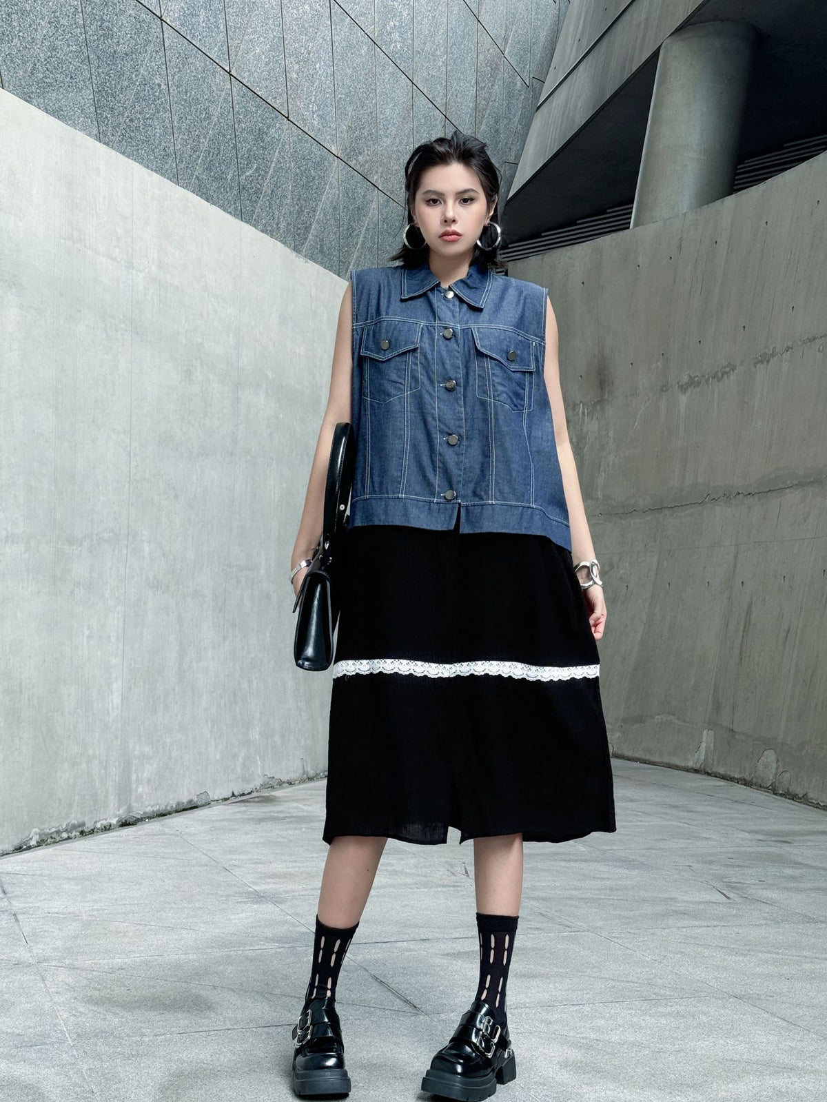 Scarf tie blouse and denim pants series 