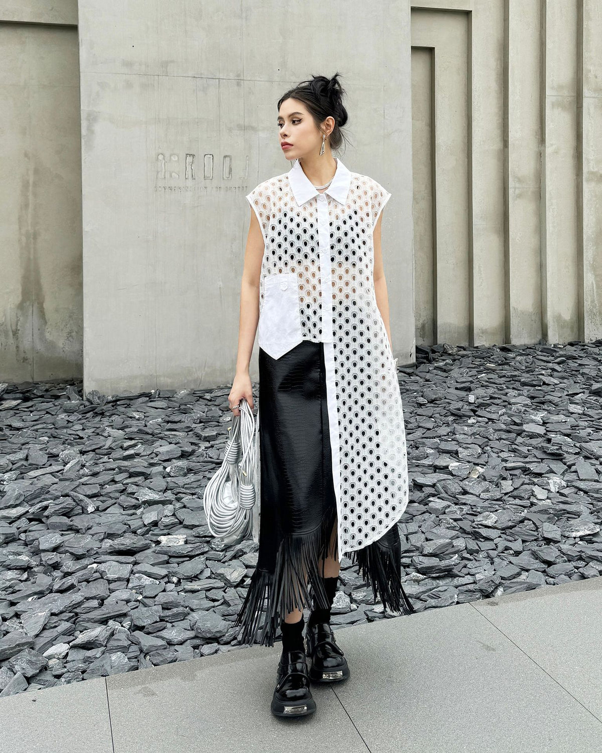 Hole Mesh Long Blouse 