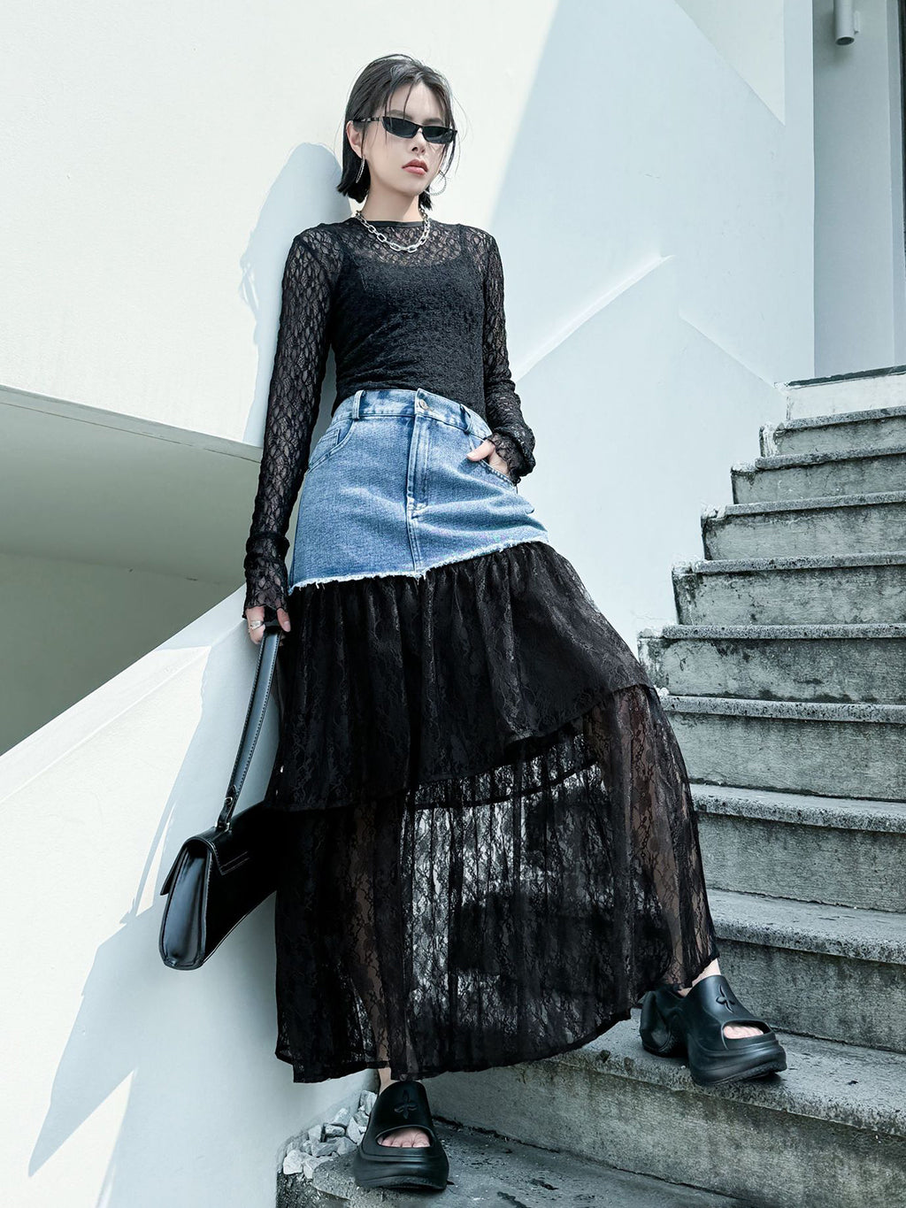Denim and lace combination skirt 