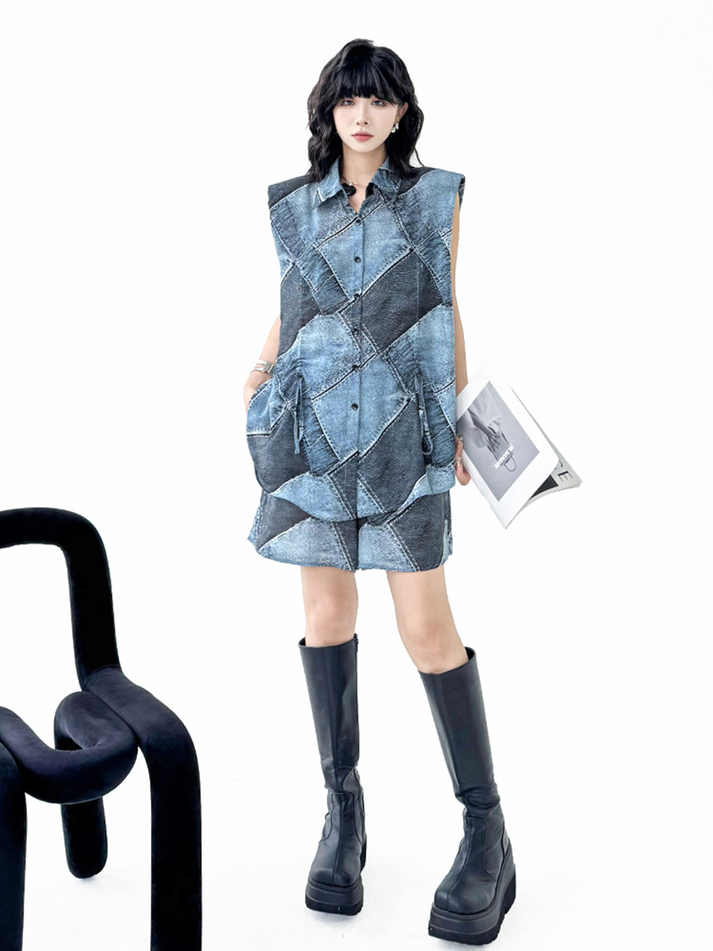 Patchwork sleeveless blouse and shorts 