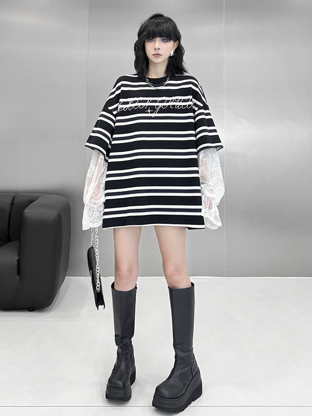 Striped lace sleeve top 