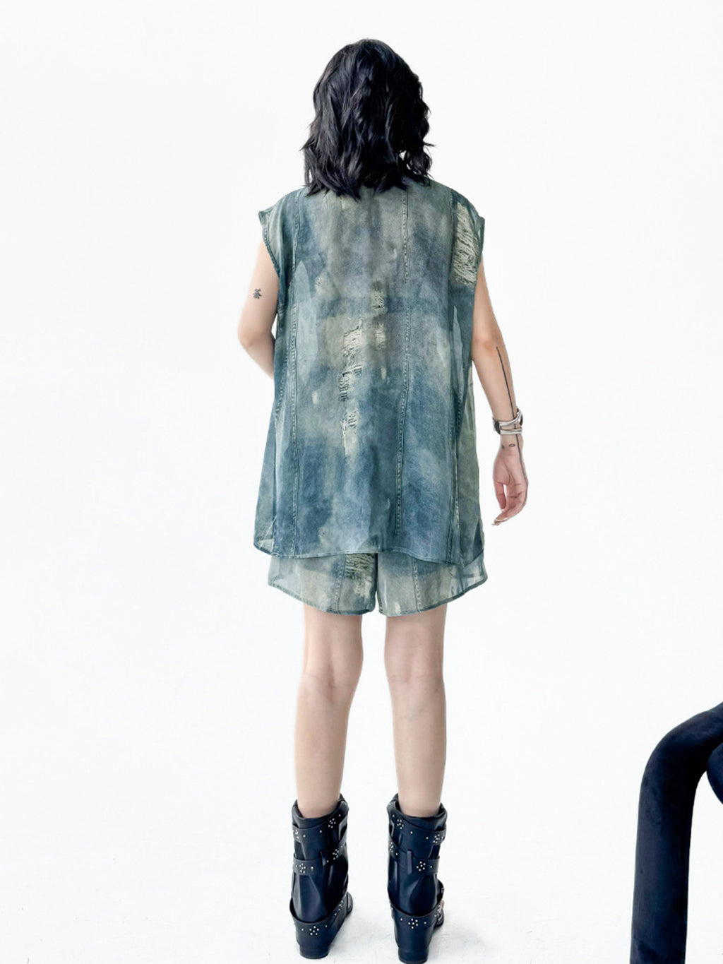 Sheer denim print blouse and shorts 