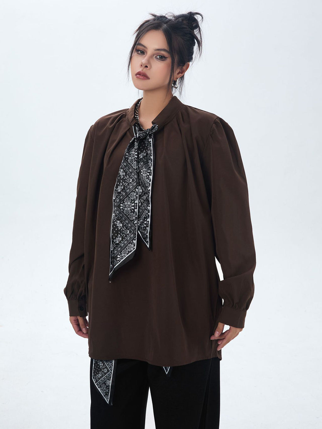 Scarf tie blouse and denim pants series 