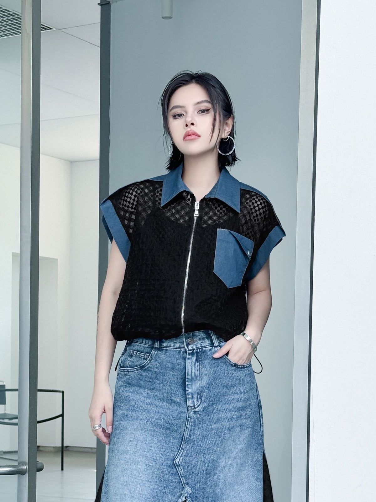 Scarf tie blouse and denim pants series 