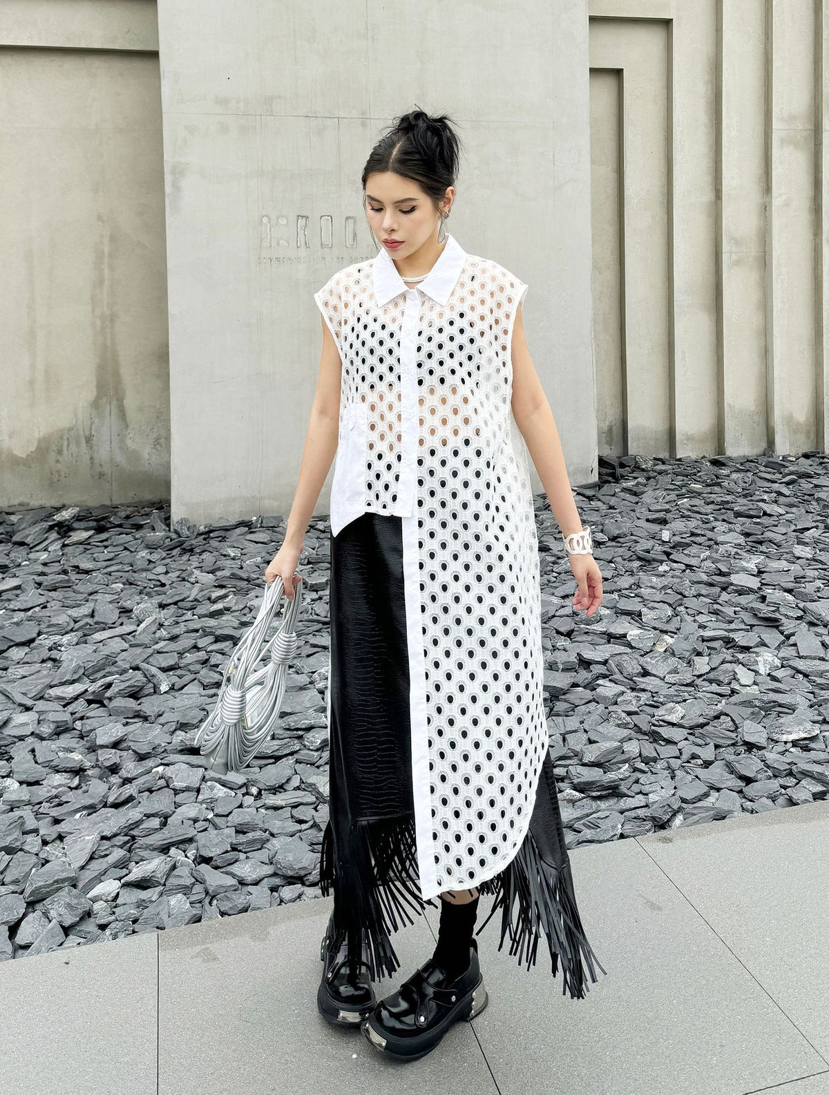 Hole Mesh Long Blouse 