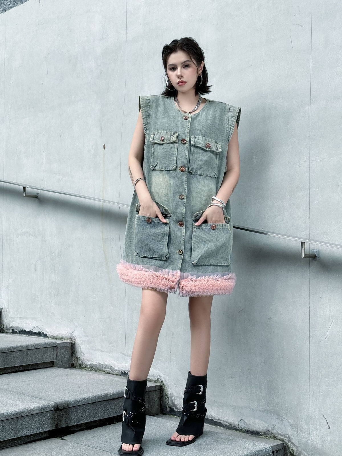 Scarf tie blouse and denim pants series 