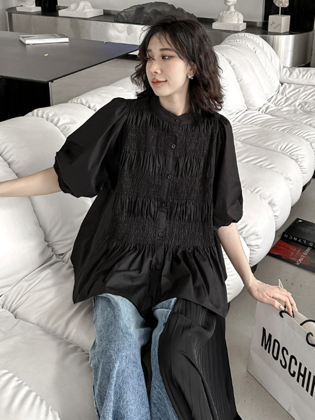 Shirred volume sleeve blouse 