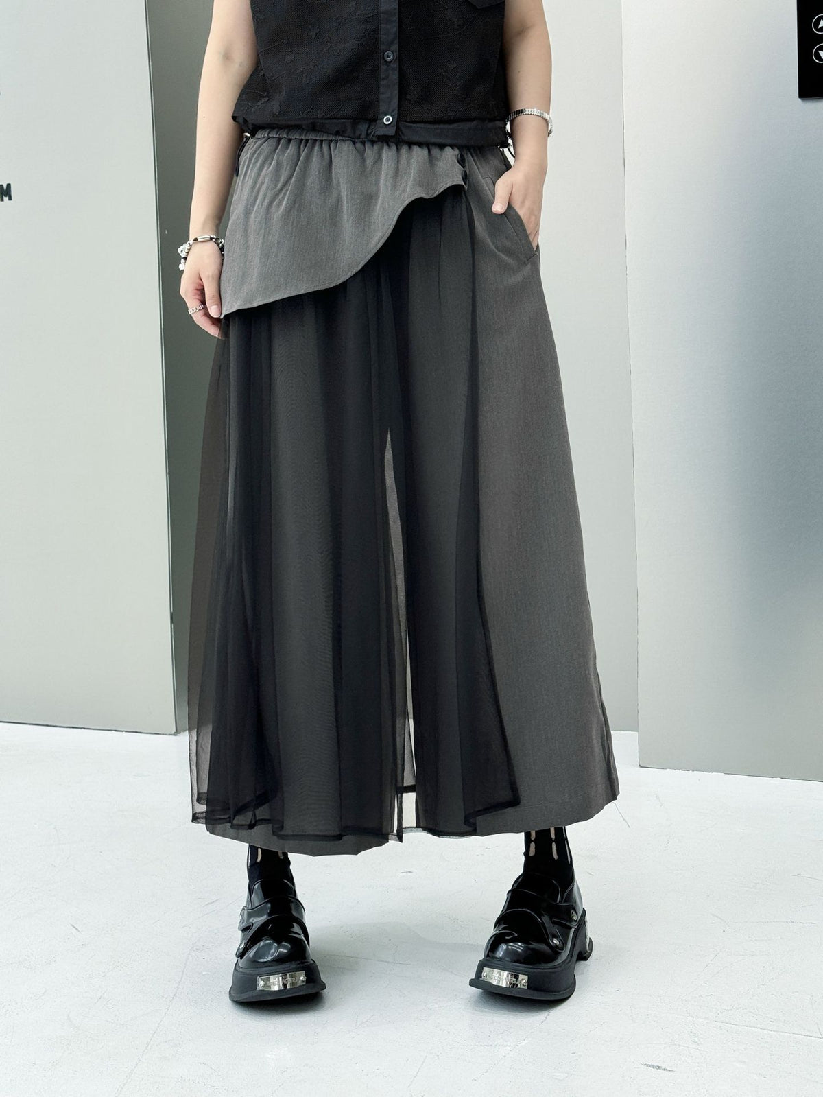 Tulle layered wide pants 